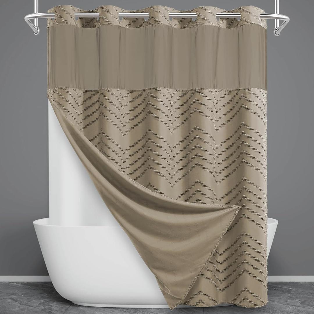 WONICY Extra Long No Hook Shower Curtain with Snap in Liner, Tufted Chevron Striped Shower Curtain Set for Bathroom, Boho Waterproof and Washable Shower Curtains, 71Wx86H, Beige