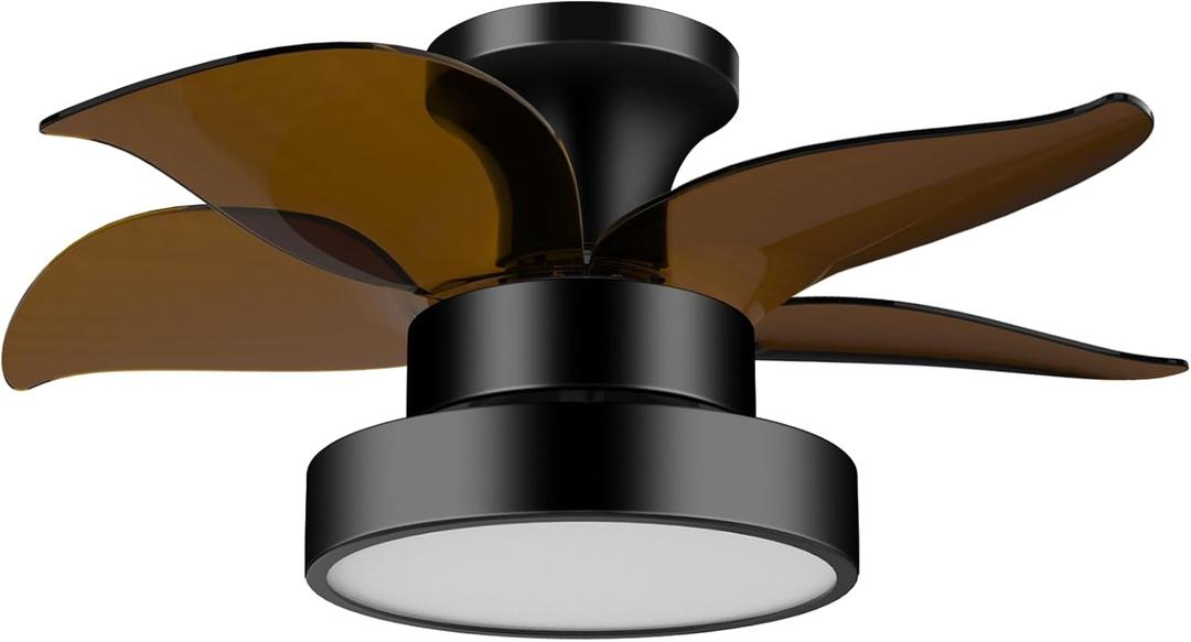 Ceiling Fans with Lights, 24 inch Remote Control Ceiling Fan, Flush Mount Low Profile Ceiling Fan Light, Large Airflow 5 Blades 6 Wind Speed Quiet Reversible 3 Color Temperatures Black