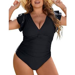 Blooming Jelly Women's Plus Size Swimsuit One Piece Tummy Control Bathing Suit Modest Full Coverage Ruffle Swim Suits, Size 2XL, Black