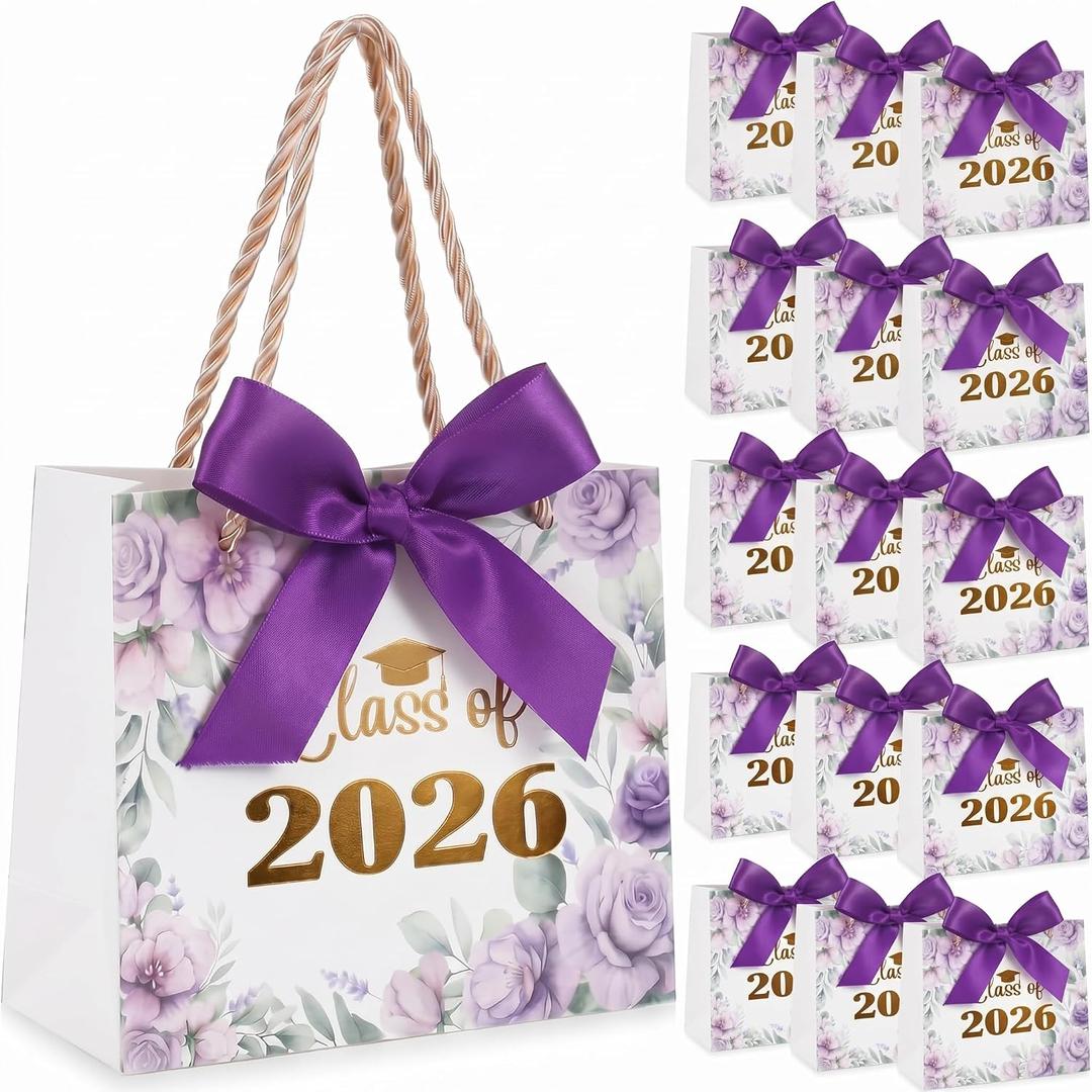 Yexiya 40 Pack Graduation Gift Bags Bulk Class of 2026 Purple Floral Graduation Party Bags 5.5" Congrats Grad Treat Bag for Gifts with Handles and Bow Ribbon