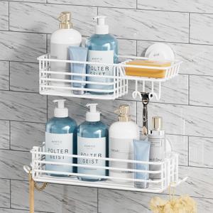 TAILI Shower Caddy Suction Cup 2 Pack with Hooks & Soap Holder, Heavy Duty Shower Organizer for Bathroom, No Drilling Bathroom Organizer with Large Capacity, Metal Storage Holder-White