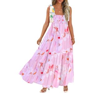 Women's Summer Maxi Dress Boho Spaghetti Straps Casual Long A-line Smocked Beach Dress Square Neck Flowy Sun Dress (Medium, Z-pale Pink)