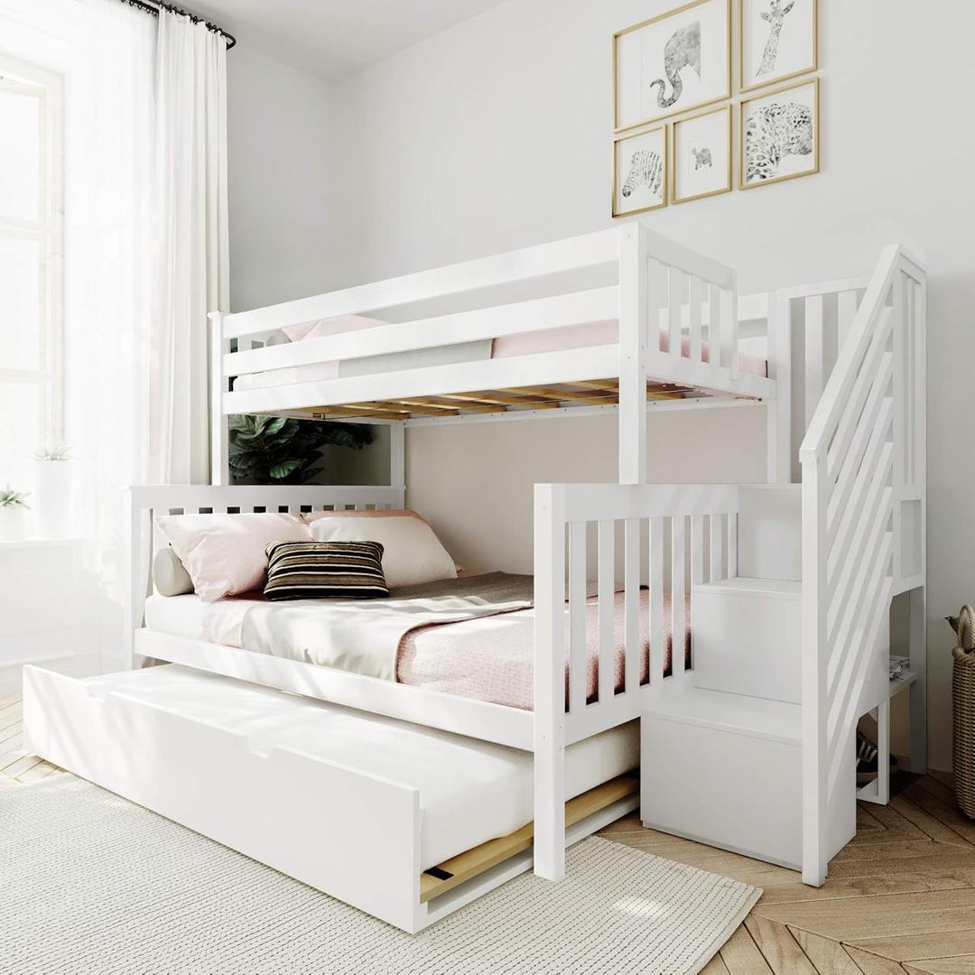 Max & Lily Bunk Bed, Twin-Over-Full Bed Frame For Kids With Stairs and Trundle, White