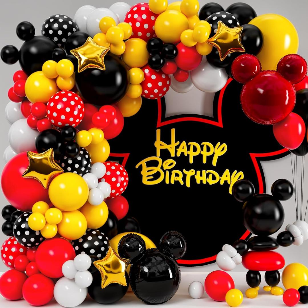 ALL-IN-1 Mickey Balloon Arch Kit with BONUS Mouse Heads & Gold Stars for Mouse Birthday Decorations - Mickey Balloons for Cartoon Mouse Clubhouse Birthday Decorations - Disney Balloons, Mickey Party