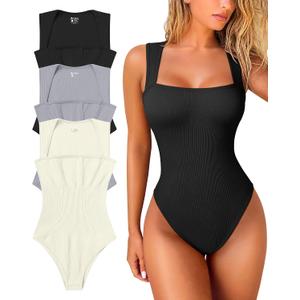 OQQ Women's 3 Piece Bodysuits Sexy Ribbed Strappy Square Neck Sleeveless Tummy Control Tank Tops Bodysuits (Black,grey,beige)