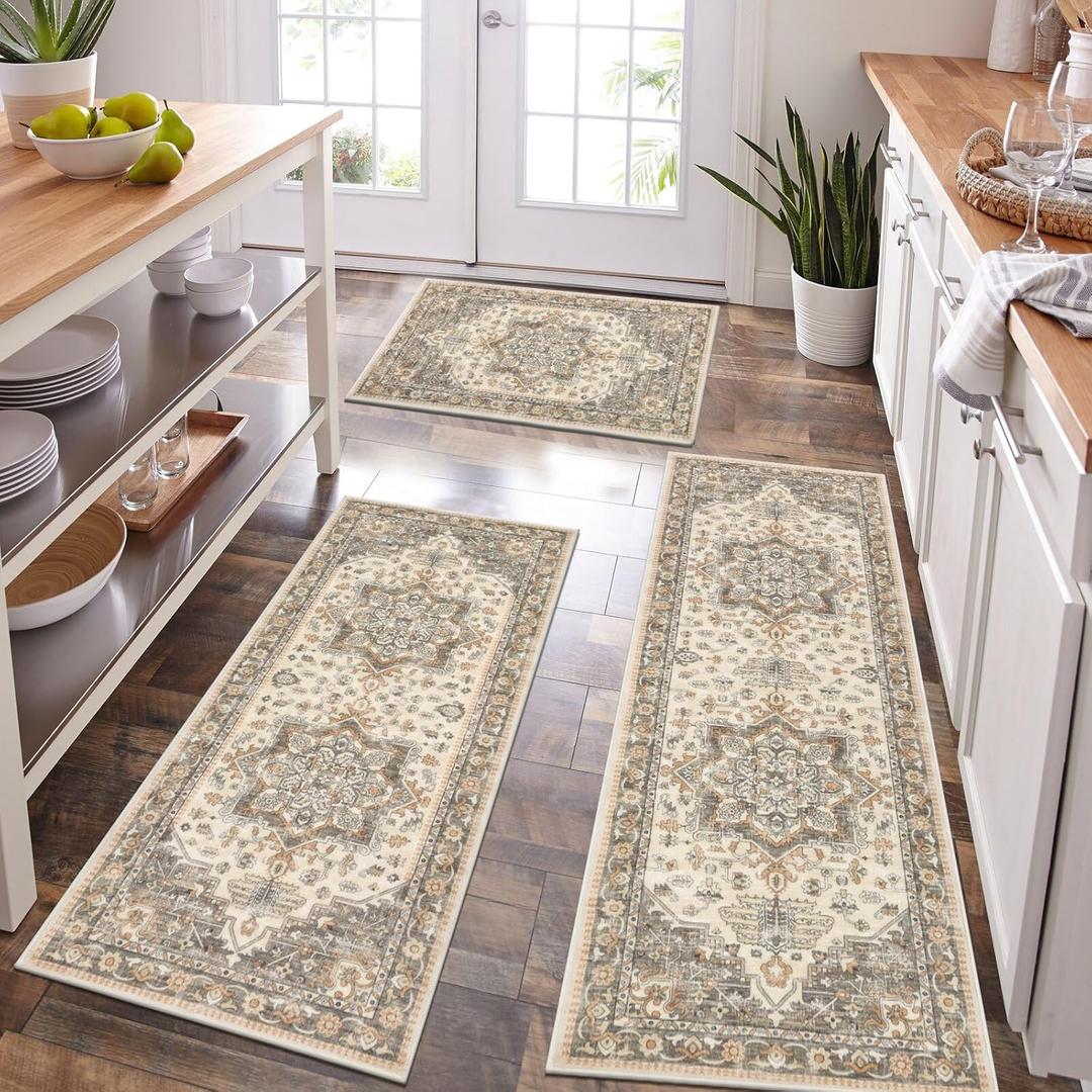 HEBE Boho Kitchen Rug Sets 3 Piece with Runner Non Slip Kitchen Rugs and Mats Washable Kitchen Mats for Floor Thick Kitchen Floor Mat Carpet Runner Rugs for Hallway Laundry Holiday Decor (20"x32"+20"x48"+20"x59", Taupe)