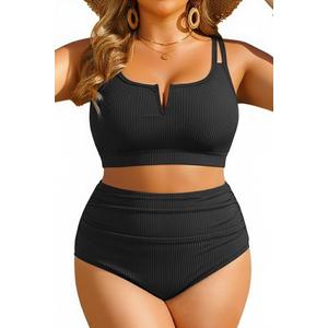 Yonique Women Plus Size High Waisted Bikini  Ribbed Two Piece Swimsuit Tummy Control Bathing Suit VWired 2025 Swimwear Black 20W