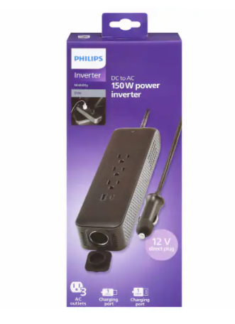 Philips Direct Plug Power Inverter 3 AC Outlets 1 USB-A 1 USB-C 175W