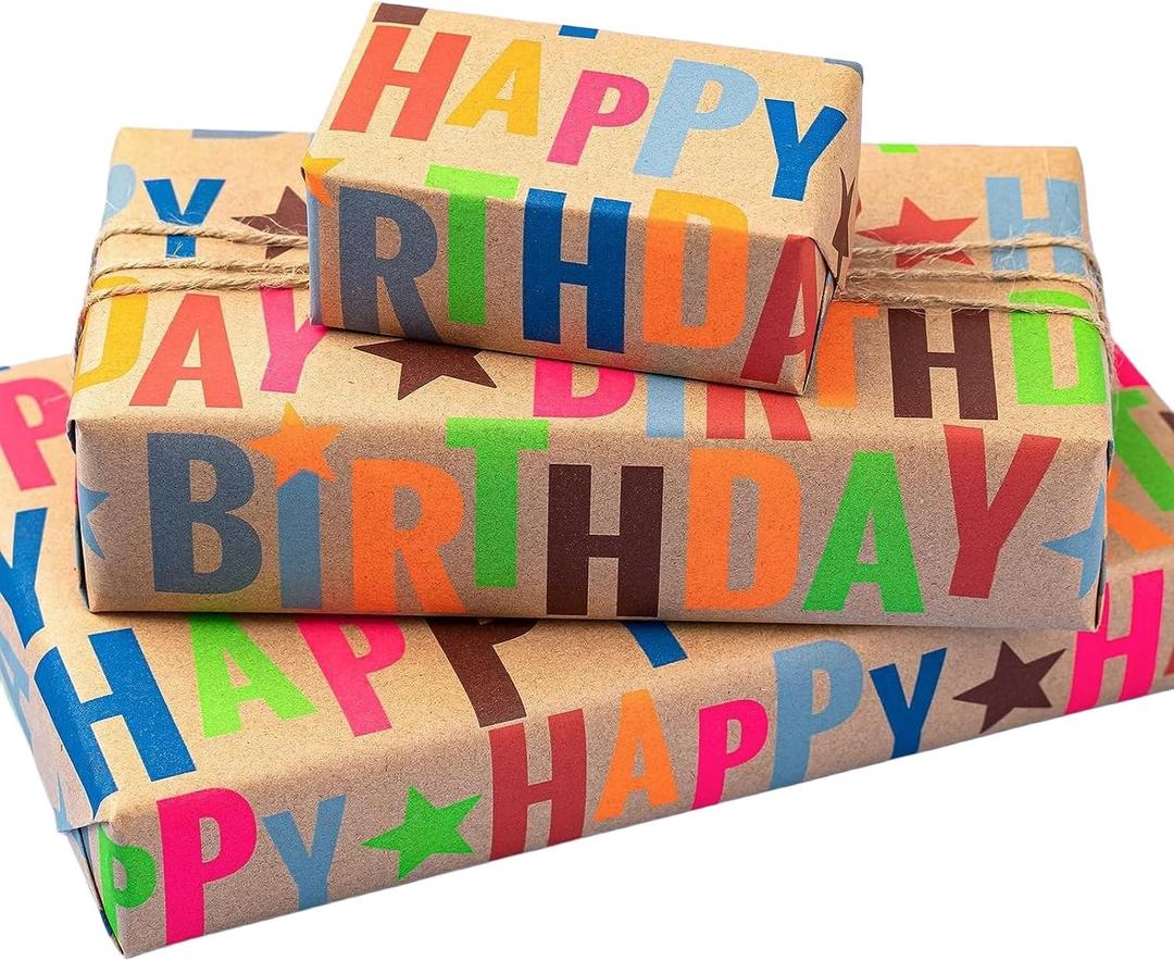 Kraft Wrapping Paper Roll Colorful Text Happy Birthday Design Perfect for Birthday Holiday Wrap 17 inch X 33 feet
