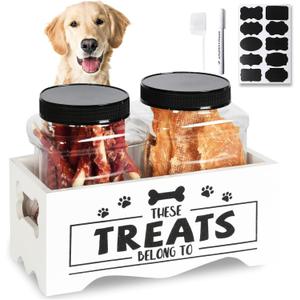 Dog Treat Container, Wooden Cat Food Container Storage with 2 Jars, Food Storage Organizer for Dog and Cat, White Wooden Pet Treat Container, Great Gift for Pet Lover