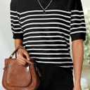 ZESICA Women's Casual Striped Tops Short Sleeve Crew Neck Ribbed Knit T Shirts Comfy Loose Basic Pullover Sweater (Black)