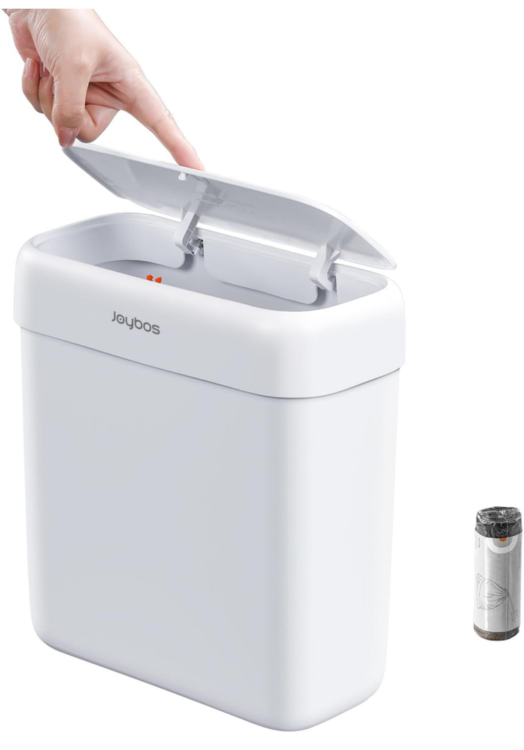JOYBOS Trash Can with Lid, 2.6 Gallons/9.2 Qt Garbage Can with Press Top, Small Trash Can Dog Proof, Plastic Trash Bin, Waste Basket for Rv Bathroom Kitchen Bedroom Office White