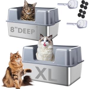 2 Pack Stainless Steel Cat Litter Box with Lid, 23.7" L x 15.8" W x 13.8" H XL Metal Litter Tray for Big Cats, High Sided Enclosure, Non-Sticky, Anti Urine Leakage, Easy Cleaning