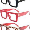 REAVEE 3 Pack Oprah Style Reading Glasses for Women Men, Blue Light Blocking Readers Stylish Square with Spring Hinge (Black/Red/Red Leopard)