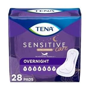 Tena Incontinence Pads, Bladder Control & Postpartum for Women, Overnight Absorbency, Sensitive Care, 28 Count (28 Count), White
