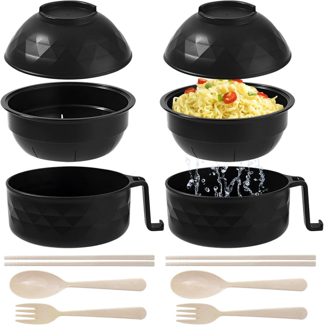 2 Pack 33oz Ramen Bowl Set,Microwave Ramen Cooker with Chopsticks Spoons and Fork,Instant Noodles Bowls with Handles,Rapid and Quick Ramen Cooker for College Dorm Room Essentials