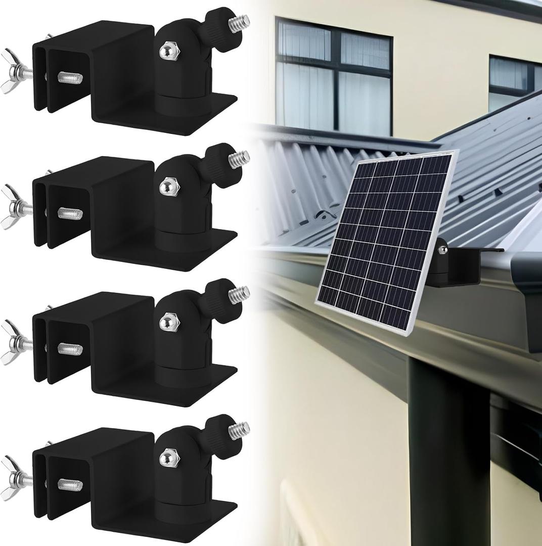 4 Pack Solar Panel Gutter Mount for Ring, Arlo, Blink Solar Panels, No-Drill Adjustable Aluminum Bracket with 360 Swivel & 180 Tilt for Outdoor Wireless Cameras, Black