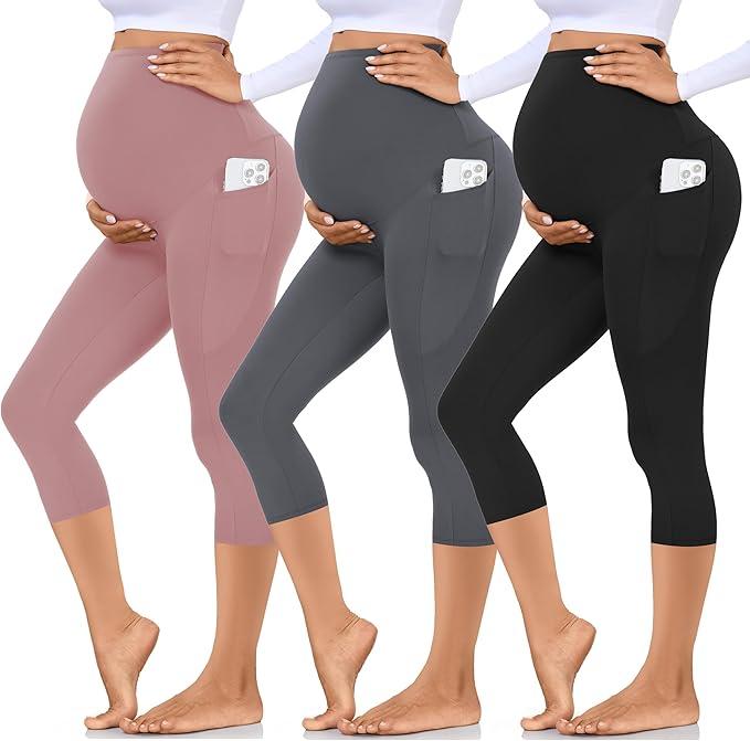 Hi Clasmix 3 Pack Maternity Capri Leggings with Pockets-Buttery Soft Workout Pregnancy Yoga Pants (Small, Black,grey,pink)