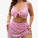MakeMeChic Women's Size  4XL 3 Piece Bikini Set Tie Front Ruffle Rib Knit Bathing Suit with Floral Cover Up Skirt