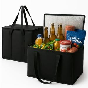 2-Pack, XL-Large Insulated Grocery Shopping Bags, Black, Reusable Bag,Thermal Zipper,Collapsible,Tote,Cooler,Food Transport hot and Cold,Camping, delivery Groceries Freezer