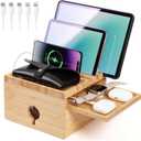 Bamboo Charging Station for Multiple Devices, Nightstand Docking Station with Small Tray -Included 5 Cables, Desktop Wood Charger Organizer, Compatible with Cell Phone, Tablet, Earphones