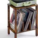 LELELINKY 2-Tier Record Player Stand with Vinyl Record Storage up to 100 Albums, Bedroom Record Holder and Multi-Functional End Table for Living Room, Brown, Set 1