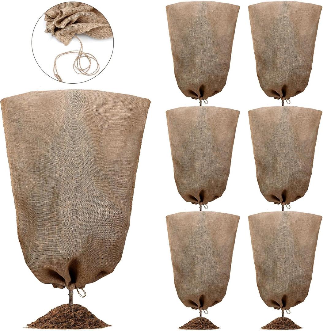Woanger 12 Pcs 40" x 24" Reusable Winter Burlap Plant Covers Bags Warm with Drawstring Large Sack Plant Blanket Burlap Frost Cover for Cold Winter Outdoor Fruit Garden Trees Protection
