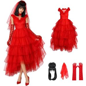 4PCS Ghost Bride Costume Women Red Gothic Wedding Dress, Large