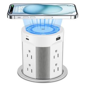 Pop Up Outlet for Countertop, 15W Wireless Charger PD 45W, 2 USB-A & 2 USB-C & 8AC Outlets 15A Tamper Resistant, 4-inch Island Kitchen Pop Out