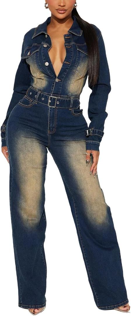 Mandonce Long Sleeve Denim Jumpsuit for Women Straight Leg Washed Stretch Jean Jumpsuit with Belt Loose Fit Rompers Casual (Small, Blue)