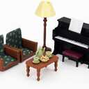 Family Dollhouse Living Room Set Piano with Bench & Sheet Music, Two Armchairs, Coffee Table, Floor Lamp & Tea Set Dollhouse Furniture & Accessories for Ages 3+