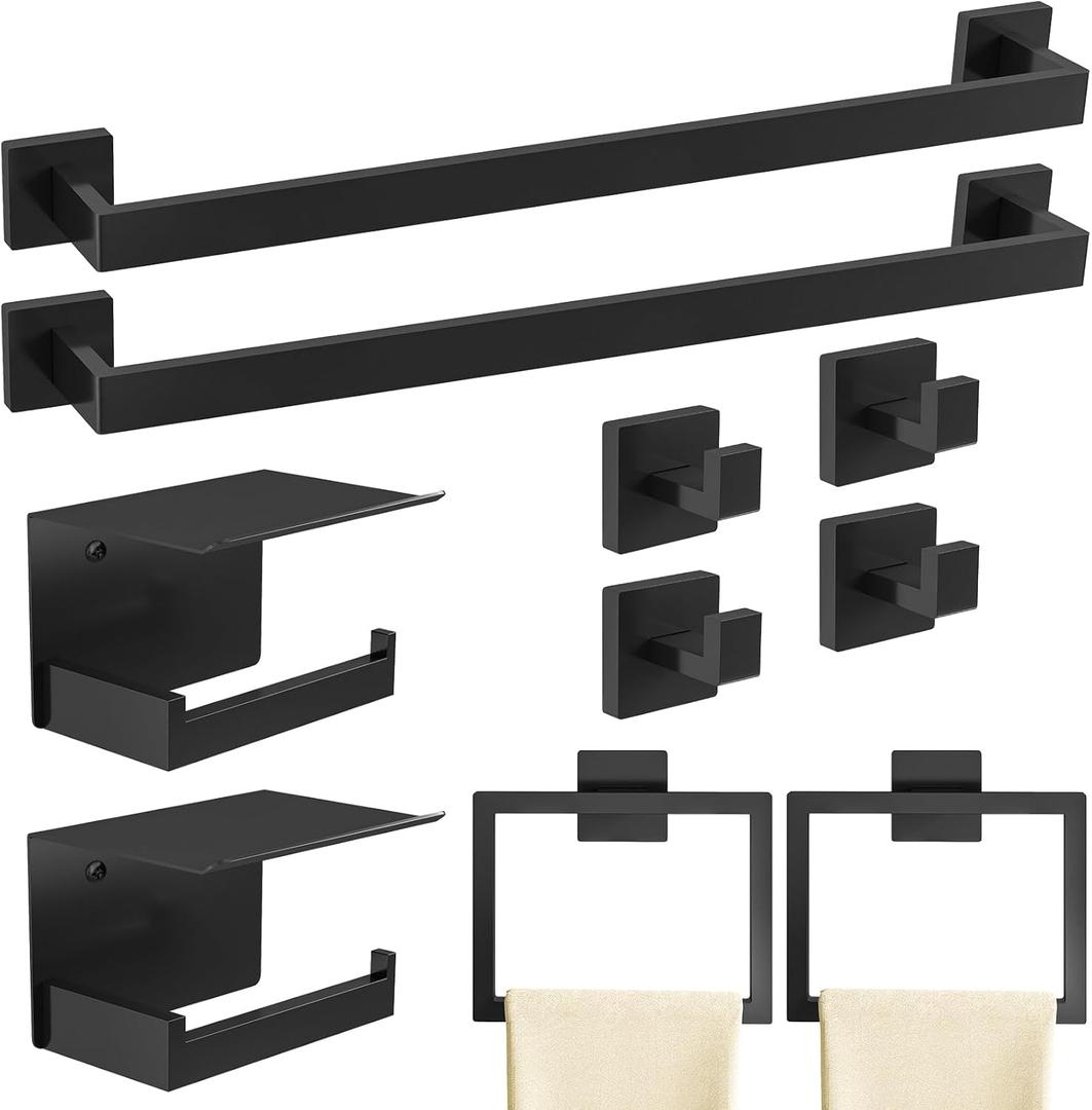 10-Piece Matte Black Bathroom Hardware Accessories Set, 24 inch Towel Bar, Stainless Steel Towel Racks for Bathroom, Bath Towel Bar Set Wall Mounted