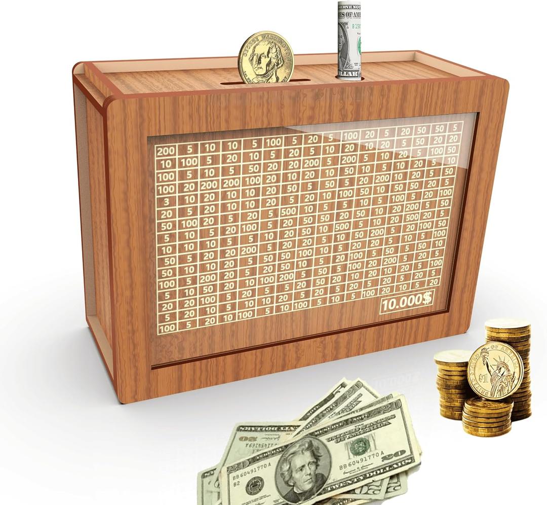 Piggy Bank for Adults Kids, Wooden Mony Bank Cash Vault Money Saving Box with Counter $10000 Savings Challenge Money Bank with Money Target and Numbers (Brown $10000)