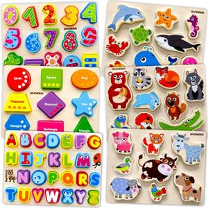 QUOKKA Wooden Puzzles for Toddlers 1-3 6XSET Chunky Toddler Puzzles Ages 2-4 Learning Animals Numbers Alphabet Montessori Toy for Kids 3-5 Wood Games Gift for Boys & Girls - FSC Certified Wood