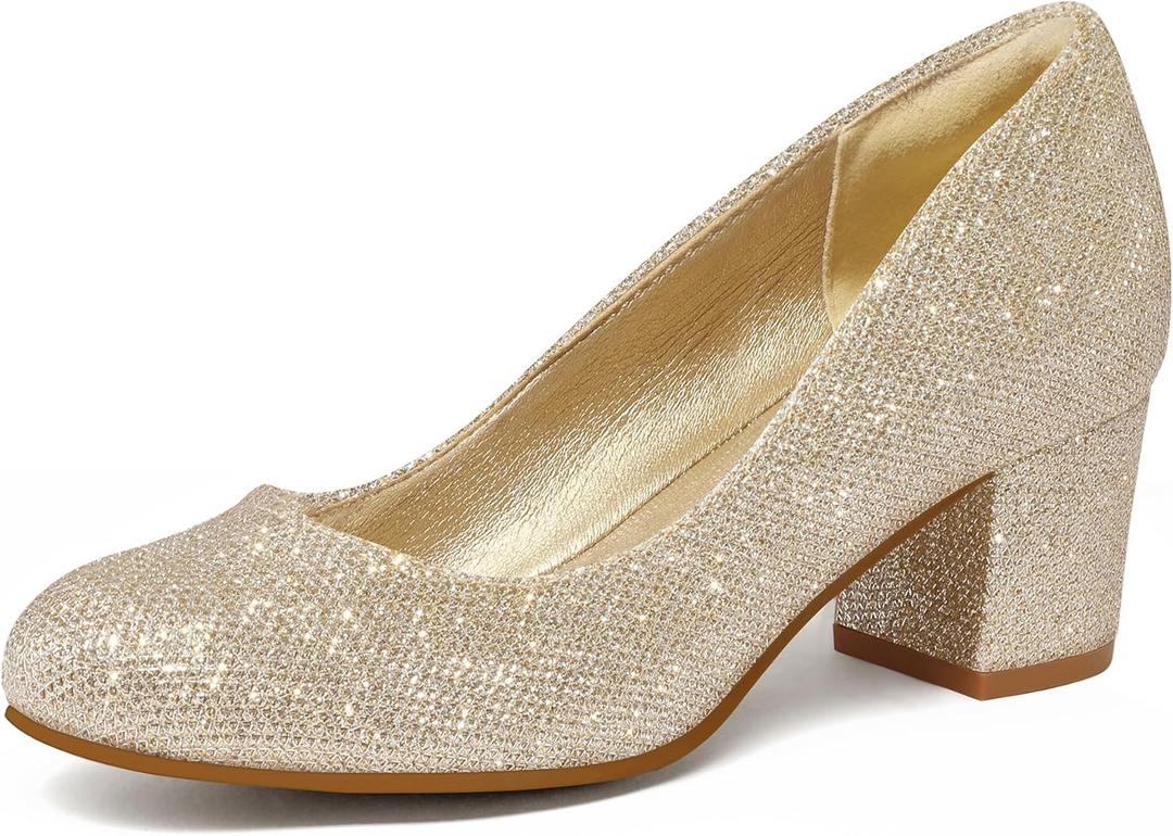 mysoft Women's Pumps Low Chunky Block Heel Round Toe Comfortable Dress Shoes (7.5, Gold Glitter)
