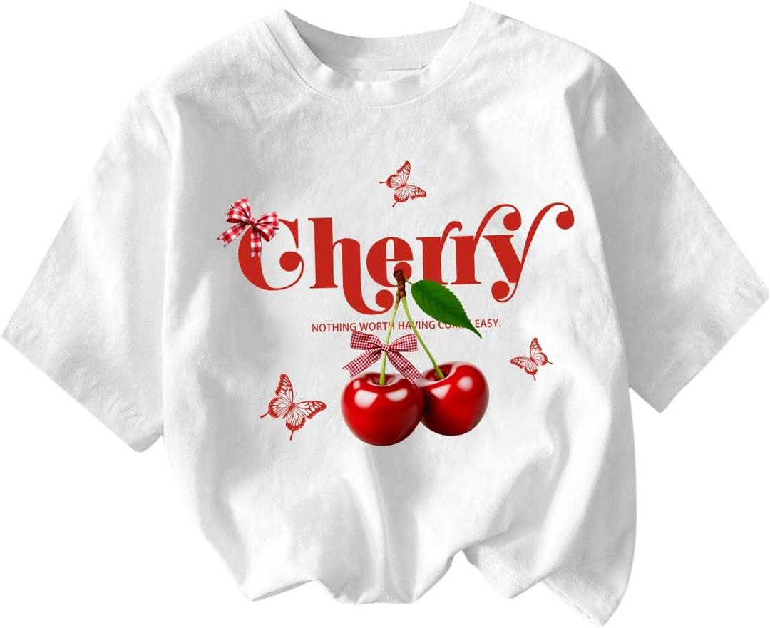 RoseSeek Girl's Graphic Drop Shoulder Star Print Tee Tops Short Sleeve Crew Neck Summer Shirts