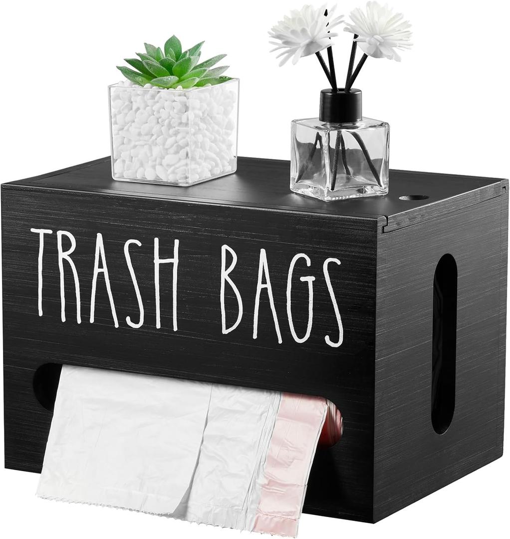 DRASTAR Trash Bag Dispenser, Large Wooden Trash Bag Holder Wall Mount, Black Roll Holder for Plastic Garbage Bags Dispenser Countertop, Under Kitchen Sink Organization