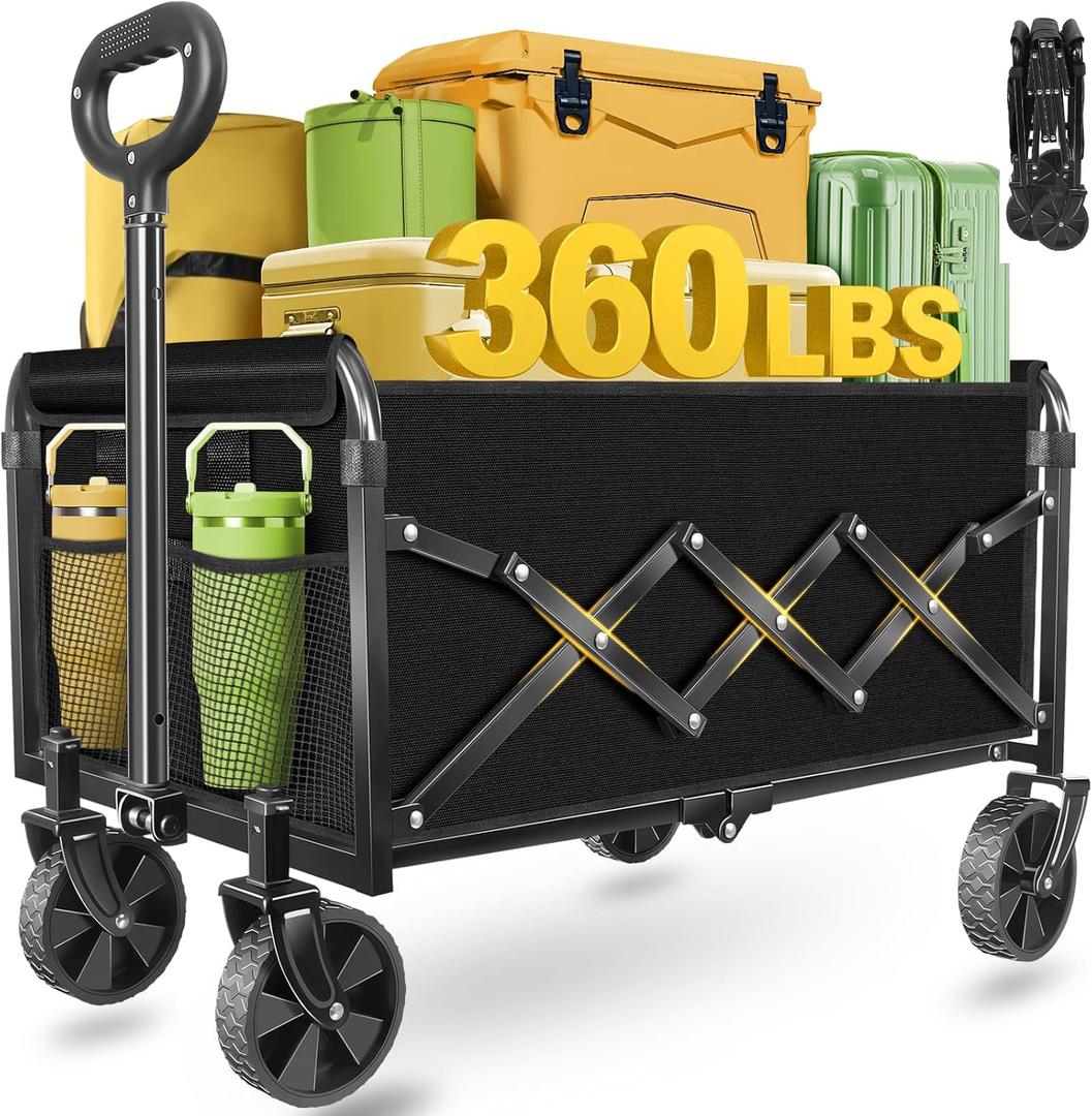 Wagons Carts Foldable - Collapsible Wagon 360Lbs, Folding Wagon Cart with Wheels, Foldable Wagons Portable for Groceries, Sports, Camping, Storage, Travel, Shopping -Jet Black