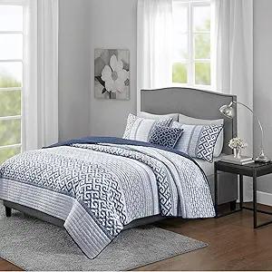 Lush Decor Lillian Block Print Reversible Quilt 6 Piece Set King/Cal King Blue & Sage - Floral Bedding Set with Pillows - Block Print Quilt - Vintage Decor (King/Cal King)