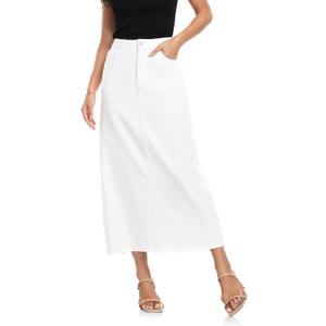 MISS MOLY Women's Jean Skirt Stretch High Waisted Frayed Raw Hem A Line Denim Midi Skirt with Pockets (Medium, #1-white)