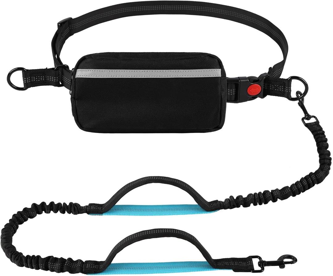 Hands Free Dog Leash with Zipper Pouch, Dual Padded Handles, Shock Absorbing Bungee Leash for Small Medium Large Dogs, Ideal for Walking Jogging Running Hiking (Black)