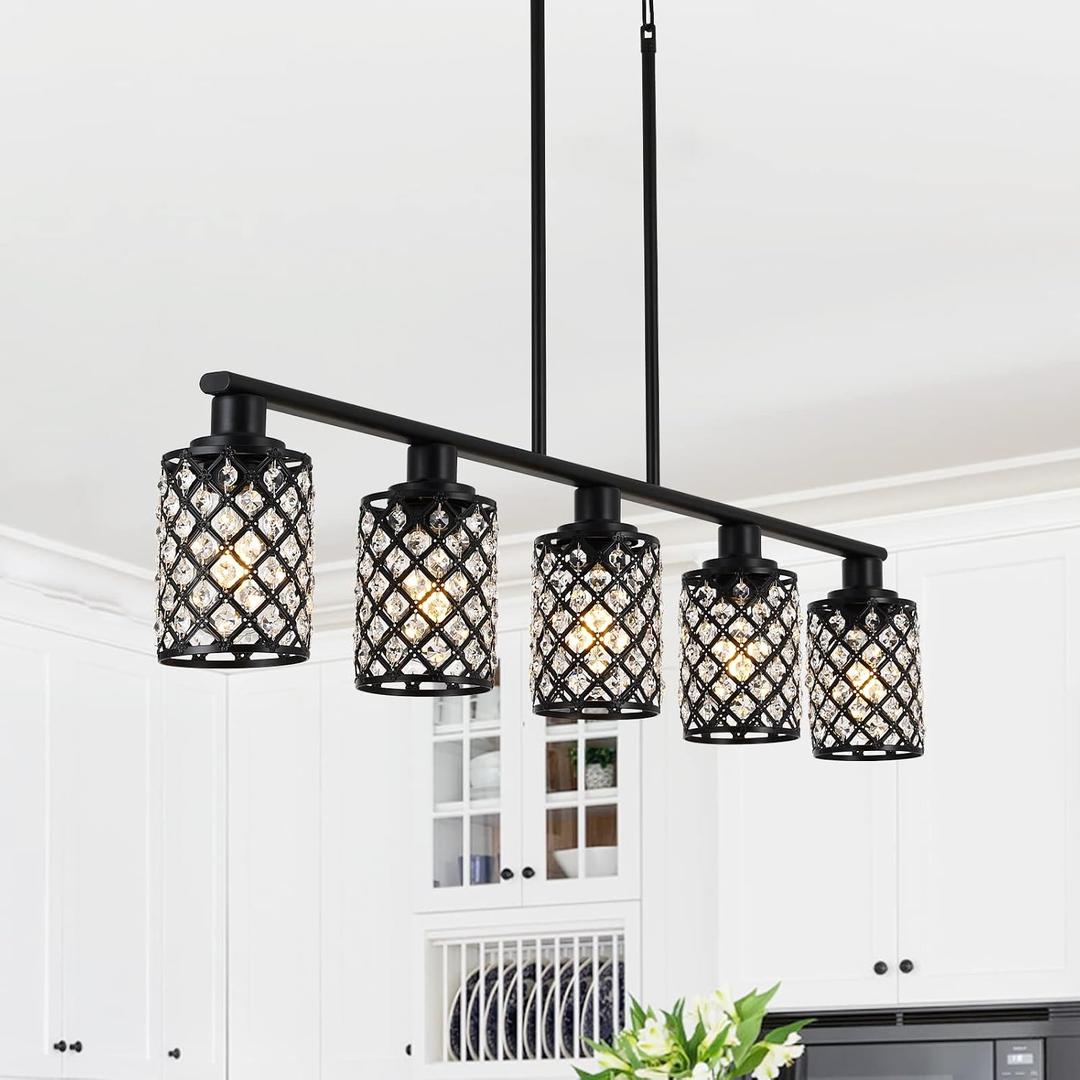 Kitchen Island Lighting,5-Light Dining Room Light Fixture Over Table,Black Linear Chandelier with Black Handmade Crystal Shade,Pendant Lighting for Kitchen Light Dining Table Living Room