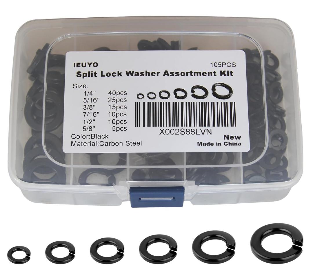 3 x Black Carbon Steel SAE Spring Lock Washers Gasket for Bolts and Screws Assortment Kit, 6 Common Sizes (1/4 5/16 3/8 7/16 1/2 5/8), Anti-Loose Split Washers