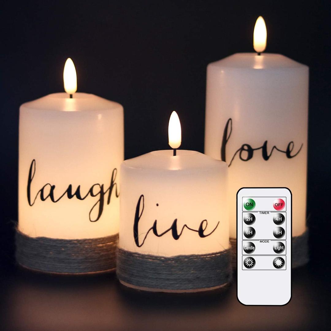 GenSwin Battery Flameless Candles with 10-Key Remote Timer, Real Wax Pillar LED Candles Live Laugh Love, Realistic 3D Wick Flickering Gift (D3 x H4.7 5.7" 6.7", Pack of 3)