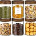 CONNOO 28oz Glass Storage Jars with Wood Lids (6-Pack) Includes 120 Pre-Printed Waterproof White Kitchen Labels Airtight Pantry Containers for Rolled Oats, Pasta & Cereals, cylindrical/28oz/6pcs