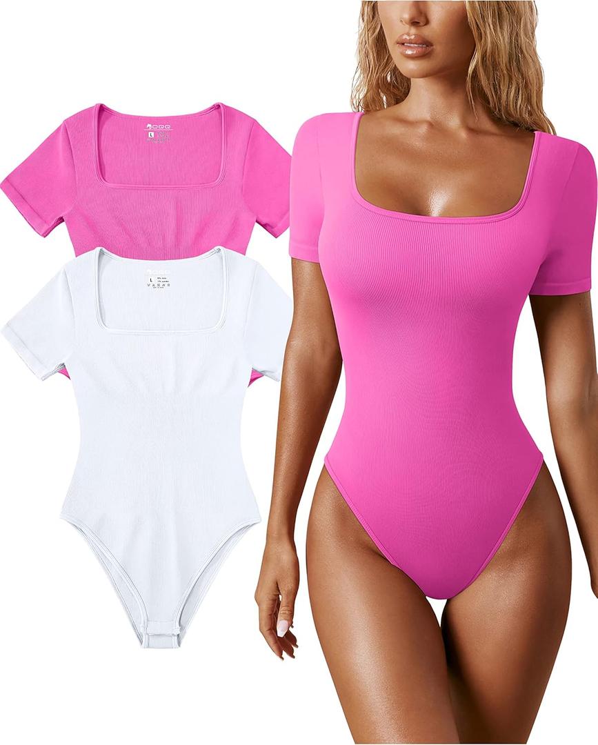OQQ Women's 2 Piece Bodysuits Sexy Ribbed One Piece Square Neck Short Sleeve Bodysuits, Size: S