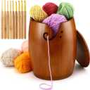 Giegxin Large Wooden Yarn Bowl with Lid 7 x7 x9 Yarn Holder for Knitting Craft Pine Wool Storage with 9 Pcs Crochet Hooks Handmade Crochet Kit Organizer Accessories for Ribbon String