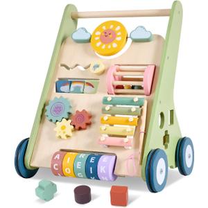 Baby Push Walker, Wooden Baby Walker with Wheels, Montessori Push Walker for Babies 6-12 Months, Adjustable Speed Push Walking Toys for Boys & Girls 1 Year Old, Christmas Birthday Gifts for Toddler