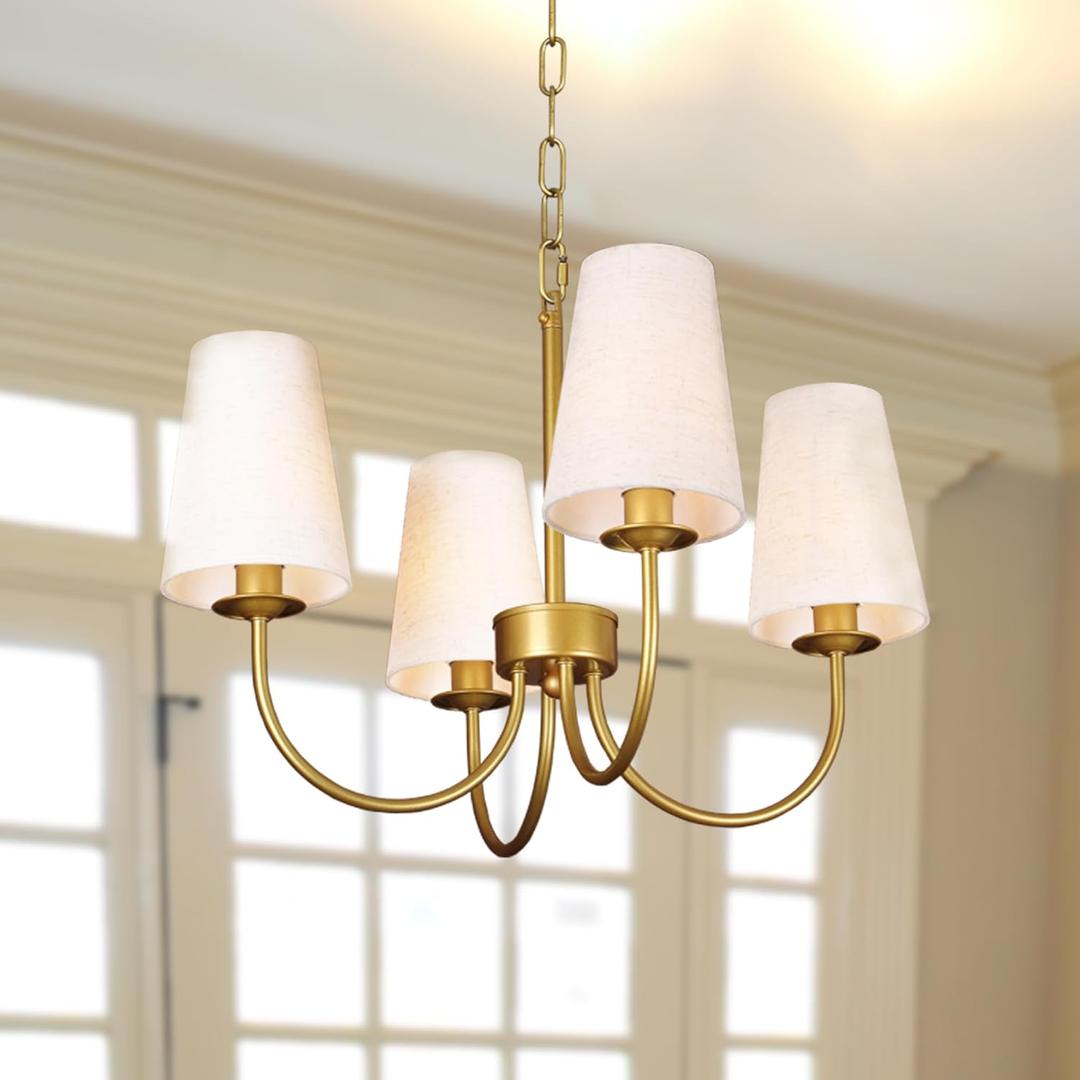 Modern Gold Chandeliers for Dining Room, with White Linen Fabric Shade, Adjustable Height Rustic Farmhouse Lighting Fixture for Foryer, Entryway, Kitchen, Bedroom (4-Lights)