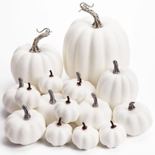 DomeStar 16PCS White Fake Pumpkins for Decorating, Faux Pumpkins Fall Harvest Decor, Halloween Decorations, Thanksgiving Table Centerpieces and Baby Shower Decor